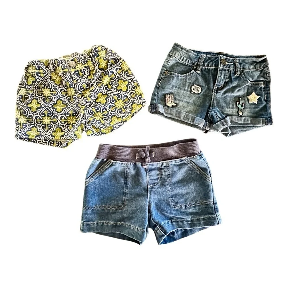 GIRLS SHORTS, SET/3, •JUSTICE-ROLL-UP DENIM SHORTS WITH PATCHES, SIZE 7.